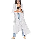 Blumen Stickerei Lang Cardigan Mantel Damen Sommer Frühling Dünn Jacke Strickjacke Lang Open Front Cardigan Outwear Casual Langarm Leichte Sommerjacke Spitzenbesatz Boho Longshirt Mantel Streetwear