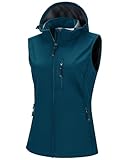 33,000ft Damen Softshell Westen mit Abnehmbare Kapuze Fleece Gefütterte Ärmellose Jacke Wasserdichte Winddichte Sportwesten Vest mit 5 Taschen für Reiten Laufen Wandern Keramik Blau M
