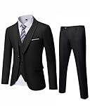 YND Herren Slim Fit 2 Knöpfe 3-teiliges Anzug-Set Solide Blazer Jacke Weste Hose & Krawatte, Schwarz , Large