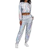 metallic hose damen, Alien Kostüm Damen Langarm Glitter Kapuzen Trainingsanzug Glänzend Metallic Crop Top Jogginghose 2-Teilig Alien Space Girl Kostüm Hip Hop Festival 80er Jahre Disco Party Set