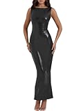 Zebaexf Damen Kunstleder Bodycon Maxi Kleid Sexy U-Boot-Ausschnitt Tank Stil Lange Abend Bodycon, U-Bootneck-schwarz, Klein