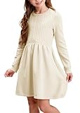 Haloumoning Mädchen Pulloverkleid Langarm Strickkleid mit Zopfmuster A-Linie Freizeitkleid Herbst Elegant Partykleid Winterkleider, Beige, 10-12 Jahre