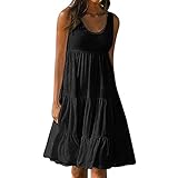 Masrin Sommerkleid für Damen Sommer einfarbiges ärmelloses Strandkleid für den Urlaub Gerüschtes Patchwork-Turmkleid Lockeres Trägerkleid A-Linien Kleid(XXXL,Schwarz)