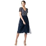 Maya Deluxe Damen Midi-Kleid mit V-Ausschnitt, Verziert Brautjungfernkleid, Navy, 50 EU