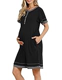 KOJOOIN Damen Geburt Stillnachthemd Baumwolle Umstandsnachthemd mit Knopfleiste,U Ausschnitt Nachthemd Schlafanzug für Schwangere oder Stillende Frauen Schwarz(Kurzarm) XL