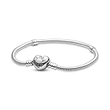 PANDORA Moments Schlangen-Gliederarmband mit Herz-Verschluss aus Sterling-Silber, kompatibel mit Charms und Anhängern aus der Moments Kollektion, Größe: 19cm