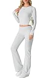 IWOLLENCE Hausanzug Damen Jogginganzug Set Lounge Set 2 Teiler Sportanzug Damen Y2K Outfit Homewear mit Crop Top und Schlaghosen (Hell Grau, S)