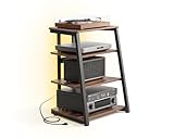 FITUEYES Design HiFi Rack aus Holz, Plattenspieler Tisch mit LED-Lichtern und Steckdosen, HiFi Regal mit verstellbaren Ablagen für Plattenspieler & Stereoanlagen & Kompaktanlage, 61 x 52 x 78 cm