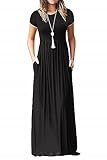 AUSELILY Damen Kurzarm Sommer Casual Long Maxi Kleider mit Taschen Schwarz S