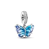 PANDORA Moments Blauer Murano-Glas Schmetterling Charm-Anhänger aus Sterling Silber mit Murano-Glas, Cubic Zirkonia, Kompatibel Moments Armbändern, 792698C01
