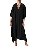 Bsubseach Damen Kaftan Kleider Batwing Sleeve Strandkleid V-Ausschnitt Caftan Maxi Kleid Sommer Schwarz Silky