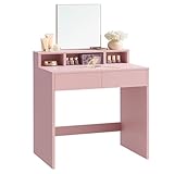 VASAGLE Schminktisch mit großem Spiegel, Frisiertisch, 2 Schubladen, 3 offene Fächer, Kosmetiktisch, modern, pastellrosa RDT103R01