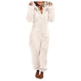 Jumpsuit Damen Kuschelig Schlafanzug Overall Pyjama Set Lang Winter Warm Fleece Teddy Onepiece Zipups Hausanzug Freizeitanzug Sport Jogging Sportanzug Trainingsanzug Jogginganzug Homewear