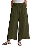 Minetom Damen Leinenhose Lockere Freizeithose Lange Leinen Hose Uni Elastische Taille Stoffhose Tasche Breite Beinhosen Armeegrün XL