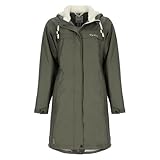 Dry Fashion Damen Regenmantel Oslo mit Teddy-Fleece-Futter - Langer PU-Mantel wind- und wasserdicht in Oliv Größe 42