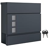 SONGMICS XXL Briefkasten, Postkasten mit Zeitungsfach, 10,5 x 37 x 37 cm, Aufkleber gegen unerwünschte Werbung, Sichtfenster, abschließbar, 2 Schlüssel, modern, einfache Montage, anthrazit GMB052G01