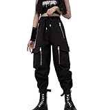 MEINVQIAOTI Schwarze Cargohose für Damen, lockere Kettenhose, mehrere Taschen, Multi-Reißverschluss, Punk, Gothic-Hose, Schwarz, S
