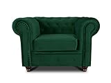 Sessel Chesterfield Asti - Couch, Couchgarnitur, Couchsessel, Loungesessel, Stühl, Holzfüße - Glamour Design, Velours (Dunkelgrün (Velvet 78))