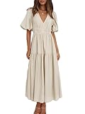 MessBebe Kleid Damen Elegant V-Ausschnitt Sommerkleid Kurze Puffärmel Wickelkleid Einfarbig Maxikleid Hohe Taille Partykleid Lässig Sommer Freizeitkleid