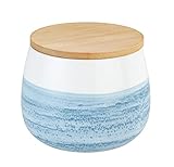 WENKO Aufbewahrungsdose Mala 0,7 L, hochwertige Keramikdose in Weiß mit Aquarell-Dekor in Blau, FSC zertifizierter Bambusdeckel mit Silikonring zur luftdichten Aufbewahrung, 13 x 10,5 cm