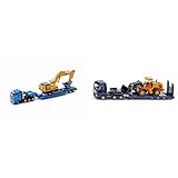 siku 1847, Schwertransporter mit Tiefbettauflieger, 1:87, Metall/Kunststoff, Blau/Gelb, Abkoppelbarer Auflieger & 1790, Man-LKW mit Tieflader und JCB Radlader, 1:87, Metall/Kunststoff, Blau/Gelb