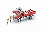 siku 3534, LKW mit Ladefläche und Kran, 1:50, Metall/Kunststoff, Rot, Inkl. 2 Spielfiguren und 12 Verkehrsleitblöcken