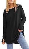 Ebifin Langarmshirt Damen Longshirt Rundhalsausschnitt Langarm Oberteil Shirts Basic Blusen Tunika Tee Tops.Schwarz.L