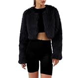 Amazhiyu Pelzmantel Damen, Felljacke Kurz Kunstfell Jacke Kunstpelz Mantel, Plüsch Pelzjacke Fleecemantel Langarm Faux Fur Coat, Wintermantel Jacken Offenem Kragen, Schwarz, L