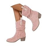 Minetom Stiefeletten Damen Wildleder Cowboystiefel Halbstiefel Schlupfschuhe Niederung Stiefel Kurzstiefel Übergangsstiefel Blockabsatz Ankle Boots Halbhoch Damenstiefel A Rosa 40 EU