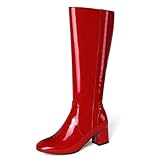 ANUFER Damen Lackleder Kniehoch Gogo Stiefel Klobiger Absatz Seitlicher Reißverschluss Disco-Stiefel Rot SD5A40730 EU42