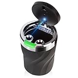 Aschenbecher Auto, Auto Aschenbecher mit leuchtender Öffnungsknopf, Tragbarer Edelstahl rauchfreien Aschenbecher mit Deckel & LED Licht, für Autos Van Outdoors Camping (Grün)