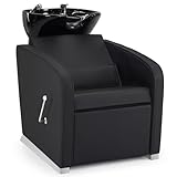 Barberpub Friseurstuhl mit Waschbecken, Klappbare Beinstütze, Friseur Waschbecken aus Keramik Verstellbar, Friseurwaschsessel für SPA Salon, Friseur Waschplatz 8679 (Schwarz/Kunstleder)