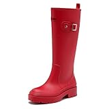 Gummistiefel Damen Lange Stiefel, Original Wasserdicht Hohe Rutschfeste, Sicherheitsstiefel Gummischuhe Bequeme Gartenschuhe Für den Innen- und Außenbereich,Rot,40.5EU
