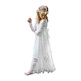 Aibaowedding Kinder Boho Spitzenkleid Prinzessinnenkleid mit Binde Gürtel Mädchen Chic A-Linie Lang Blumenmädchenkleider Brautjungfernkleid(Weiß,12)