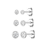 Ecripe 3 Paar 925 Sterling Silber Ohrstecker, Hypoallergene Cubic Zirkonia Ohrstecker Silber für Frauen, Funkelnde Ohrläppchen Knorpel Ohrringe (2/3/4 mm)