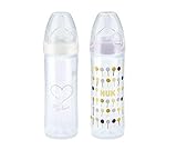 NUK New Classic Bottle, First Choice Plus Silikon-Trinksauger 6-18 Monate, M, 250 ml, Blau/White (Pack of 2)