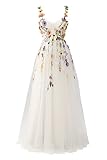 Beyonddress Damen 3D Blume Applique Abendkleider mit Stickerei Tüll Ballkleider Formelle Party Kleider(A-Weiß,36)