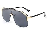 FEISEDY Classic Großer Rahmen Schild Sonnenbrille UV400 Schutz Flat Top Brille für Damen Herren B2634,Goldene Halbrahmen/Graue Linsen