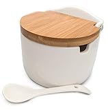 NERTHUS Salzstreuer aus Porzellan mit Holzdeckel und Löffel, Weiß