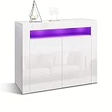 Mondeer Sideboard Kommode LED 2 Türen 5 Regal Holz Mehrzweck Hochglanz Weiß, 108(L) x 40(B) x 92(H)