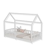 ecomi® Kinderbett 80x160 Bodenbett Kinder Bett Hausbett mit Rausfallschutz und Lattenrost für Kinder Kinderbetten für Mädchen und Jungen Massivholz Kiefer in Weiß