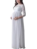 Fiacafyo Damen Langarm Schulterfrei Umstands-Maxikleid Spitze Rüschenärmel Tüll Kleid Schwangerschaftskleid für Fotoshooting, B-weiß, M