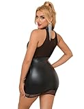comeondear Wetlook Kleid Damen Sexy Große Größe Lederkleid Schwarz Neckholder Minikleid Partykleid Dessous Frauen Mollig Kunstleder Negligee Bodycon Dress Clubwear Reizwäsche XXL
