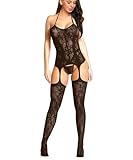 Buitifo Damen Netz Dessous Bodystocking Sexy Catsuit Frau Nachtwäsche Spitze Reizwäsche Negligee(Schwarz GB,Einheitsgröße)