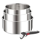 Tefal Ingenio Preference On 4-teiliges Kasserollenset, 16/18/20 cm, Topfset abnehmbarer Griff, Topfset Induktion stapelbar, platzsparend, einfache Handhabung und Reinigung, Edelstahl, L898S3