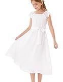 GRACE KARIN Kinder Chiffon Kleid Mädchen Hochzeit Brautjungfer Maxikleid Elegant Rüsche Abendkleid Weiß 7-8 Jahre