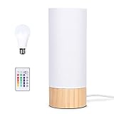 Tomons Nachttischlampe aus Holz, Dimmbar RGB Tischlampe, mit Fernbedienung und Glühbirne, Skandinavischer Stil, Tischleuchte mit Stoffschirm, für Schlafzimmer, Wohnzimmer, Arbeitszimmer, Weiß