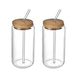 SMLJFO Trinkgläser mit Bambusdeckel und Glasstrohhalm, 395 ml, 2 Stück, Dosenform, Glas-Set, Eiskaffee-Gläser für Zuhause, Party, Cocktail, Whiskey, Wein