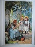 Mädchen im Wald. Kinderbuchillustration als mehrfarbige Chromolithographie.