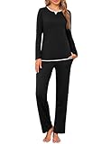 Jahetuul Schlafanzug Damen Langarm Baumwolle Rundhalsausschnitt Zweiteiler Nachtwäsche Set mit Lagenlook am Ausschnitt Uni Farbe Winter Hausanzug